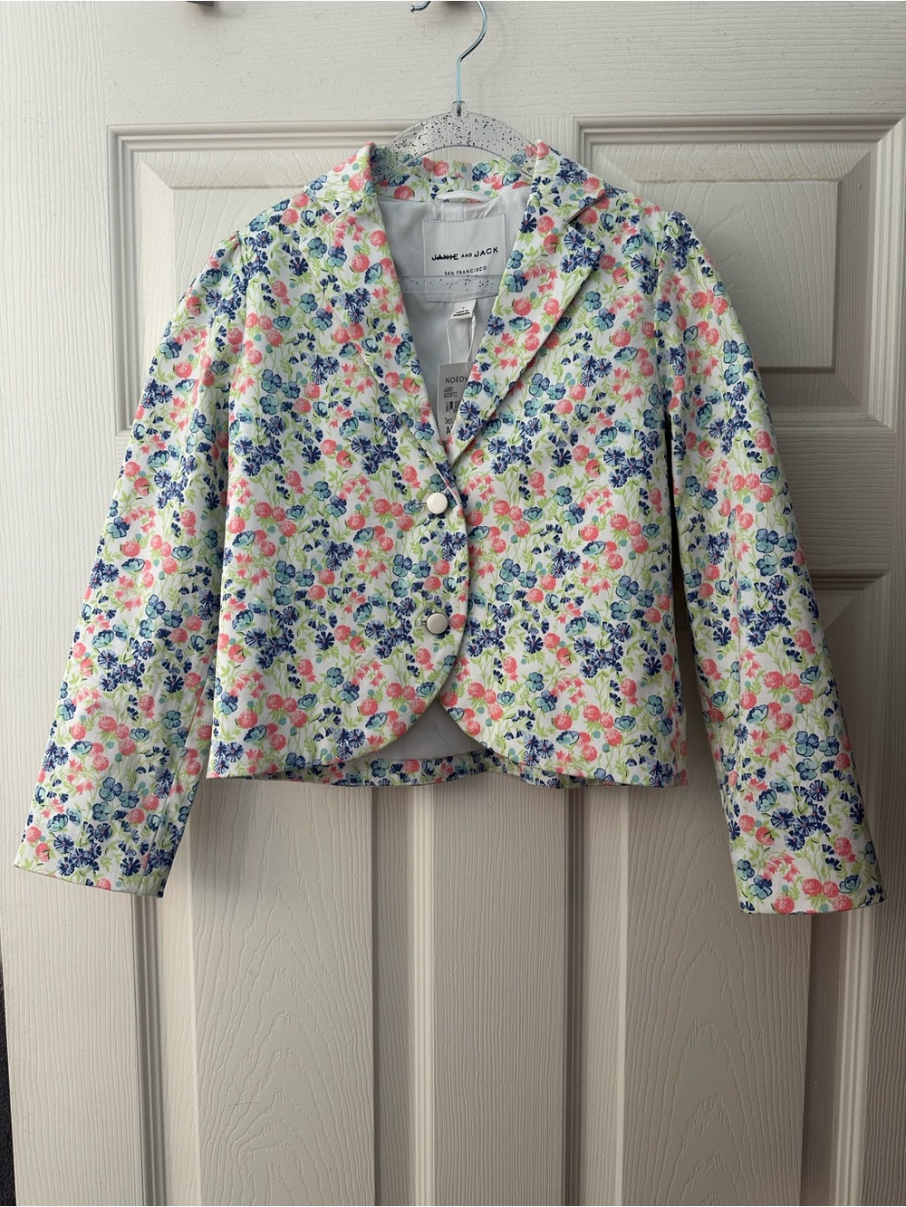 Janie and Jack Floral Cropped Blazer in White with Pink and Blue Flowers